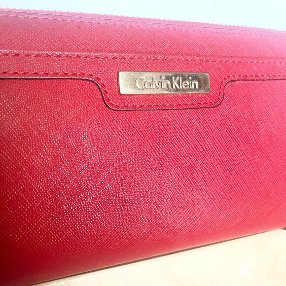 Calvin Klein Red Saffiano Leather Zip Around Long Wallet w/ Gold Interior - Picture 8 of 11